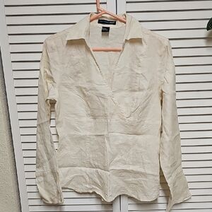 NWT Saint Tropez West Cream Linen V Neck Collared Fitted Blouse Sz S Side Zip